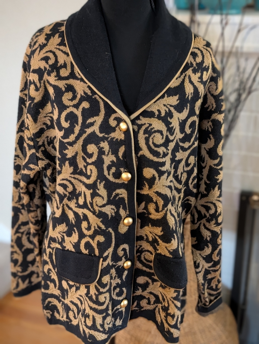 Casual Corner LARGE Black/Gold Scroll Cardigan Sweater Button Front Shawl Collar